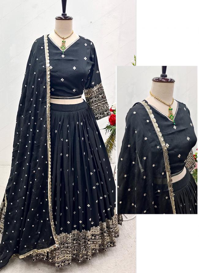 Pure Sattin Silk Black Traditional Wear Embroidery Work Lehenga Choli